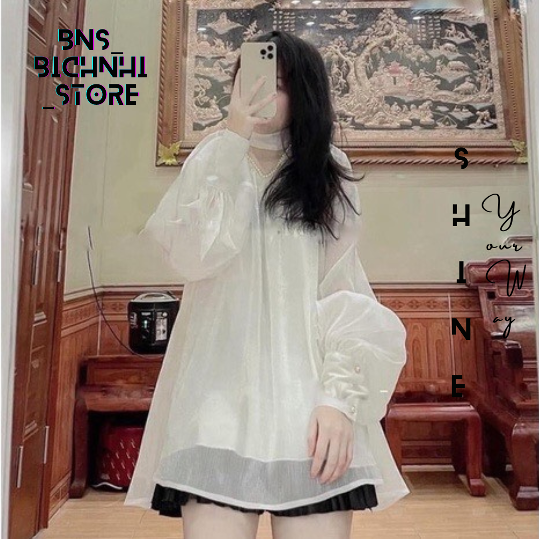 By bns bling dress bnd006 - đầm cổ yếm voan tơ babydoll tay phồng - lapel neck smock dress