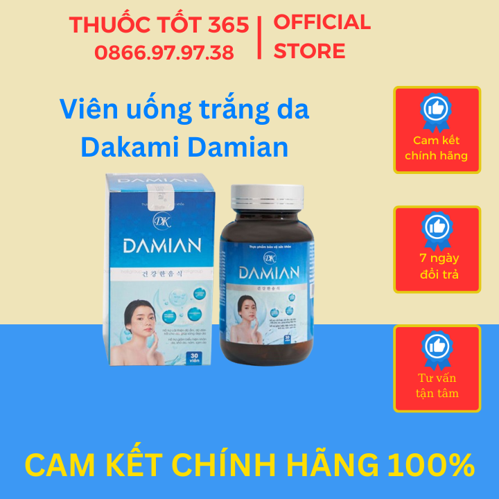 Viên uống trắng da Dakami Damian, sáng da, mờ thâm, giảm nám tàn nhang hộp 30 viên [Chính Hãng]