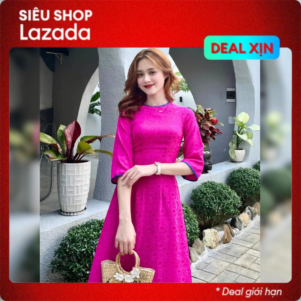 Áo dài cách tân tết gấm hoa trà cao cấp sang trọng mùa xuân màu hồng cánh sen may sẵn áo dài nữ đẹp