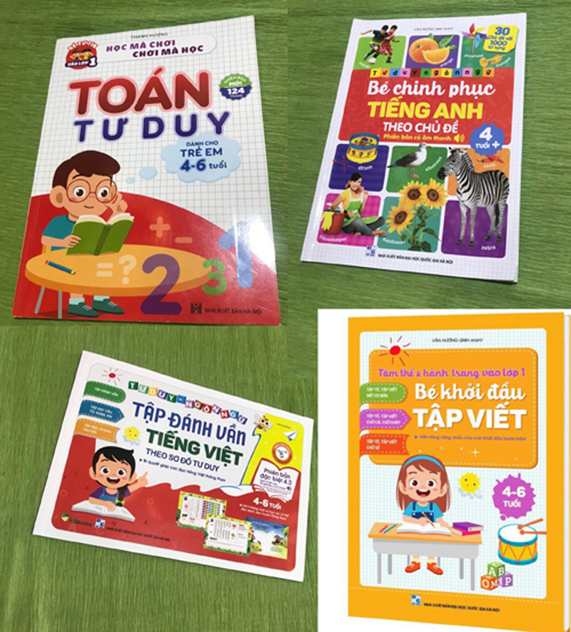 hành trang cho bé vào lớp một Toán tư duy, tập đánh vần tiếng việt, bé chinh phục tiếng anh, vở tập viết