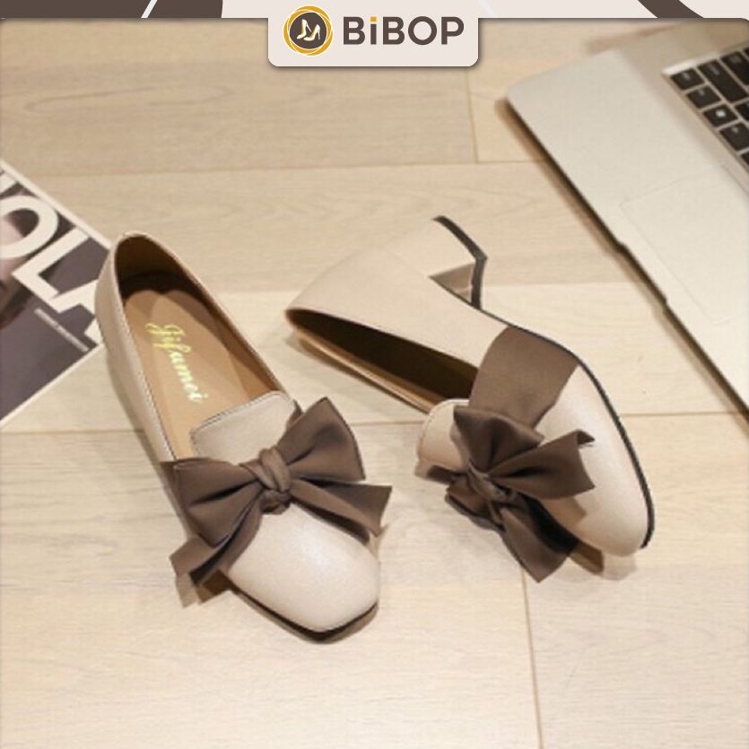 Giày gót vuông 5p, Giày cao gót đế cao 3cm, Giày búp bê đế vuông 5p đính nơ, Giày học sinh giá rẻ, Giày dép nữ Bibop, N6