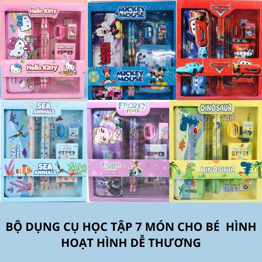 Bộ dụng cụ học tập, Bộ đồ dùng học tập 7 món chủ đề hoạt hình cho bé yêu