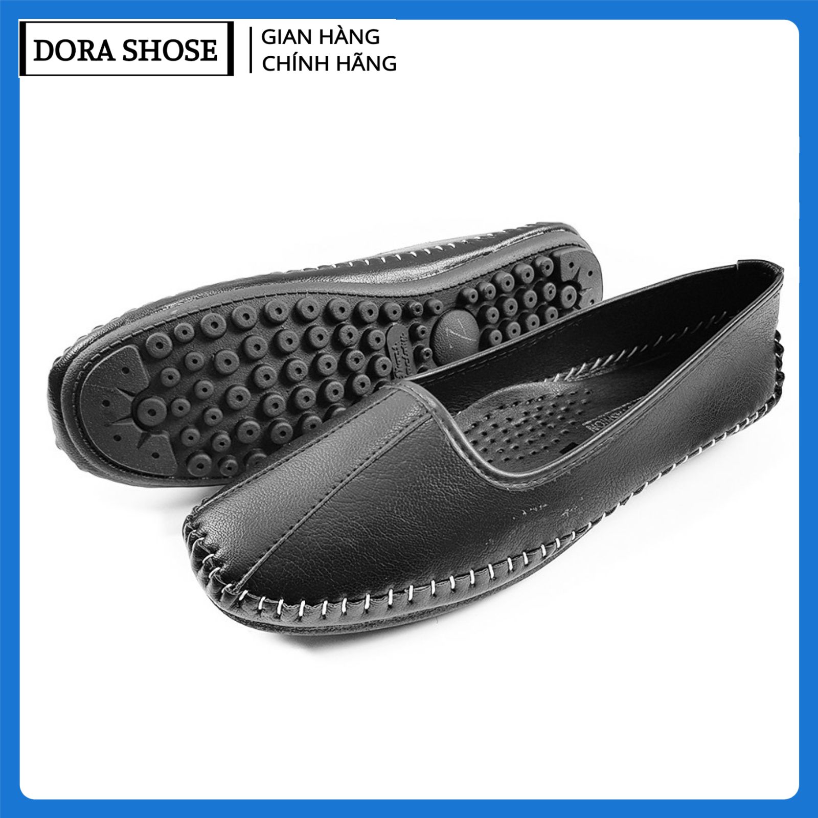 Giày lười nữ - giày búp bê đế bệt da mềm khâu viền đế in thêu nổi