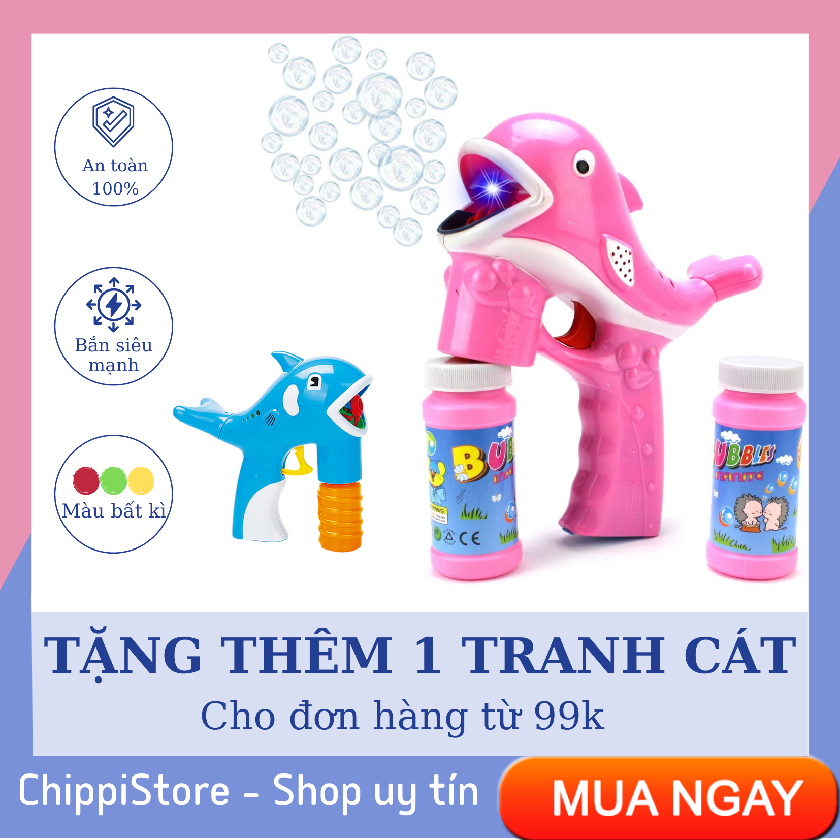 [LOẠI TỐT] Đồ chơi cá heo thổi bong bóng xà phòng có phát sáng kèm 2 chai dung dịch cho bé