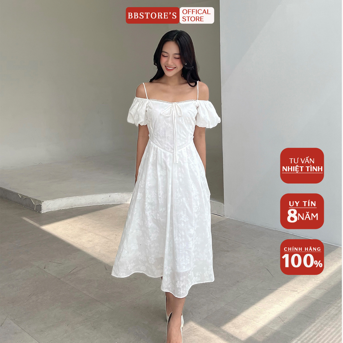 Bbstore's đầm xòe hai dây trễ vai tay phồng dự tiệc cột nơ sang trọng -d1822