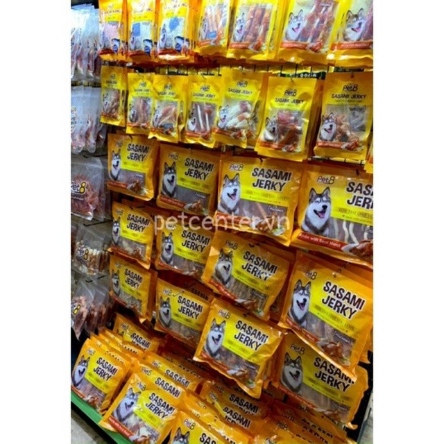 Pet8 sasami jerky dog snacks gà sấy quấn xương sữa/da bò/sợi cá 2 gói x 180g