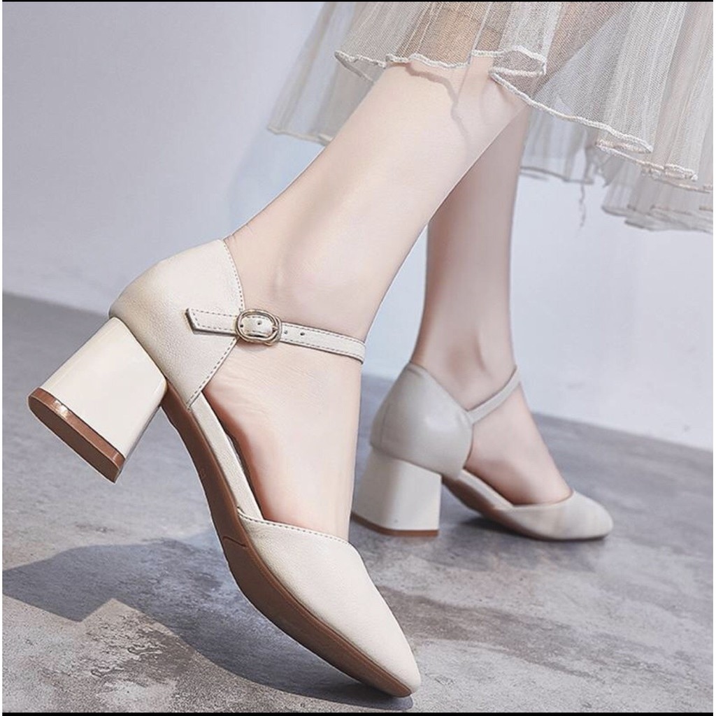 ✔♕ Giày Mũi Nhọn Mã C4 Phối Dây Hở Gót Cao 5cm (BÍT HẬU)