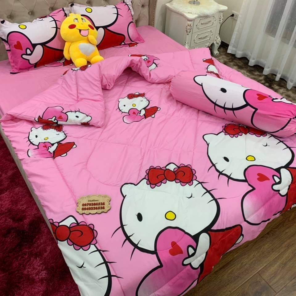 Bộ chăn phao ga gối 5 món kèm vỏ gối ôm mẫu hello kity ôm tim