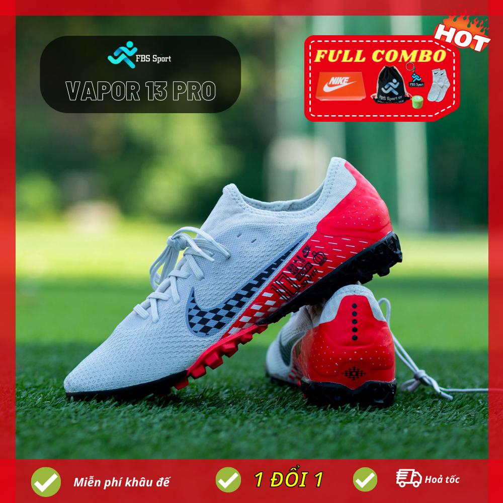 COMBO giày bóng đá Mercurial Vapor 13 Pro đế TF dành cho sân cỏ nhân tạo, màu xám đỏ,có bảo hành.
