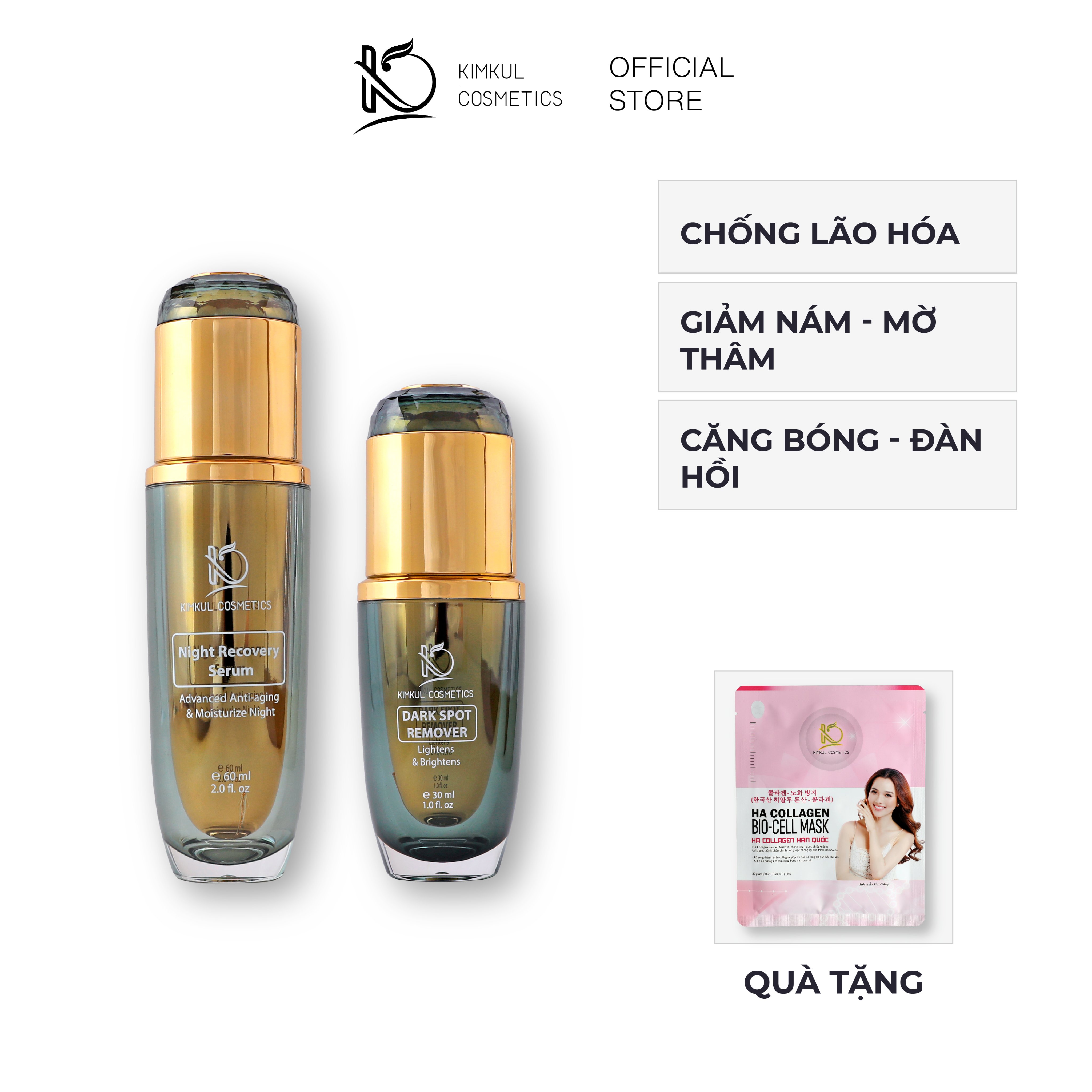 Bộ 2 Serum xóa nám chống lão hóa KimKul gồm Night Recovery 60ml + Dark Spot Remover 30ml, Tặng Mặt Nạ Collagen cho đơn hàng trên 400k