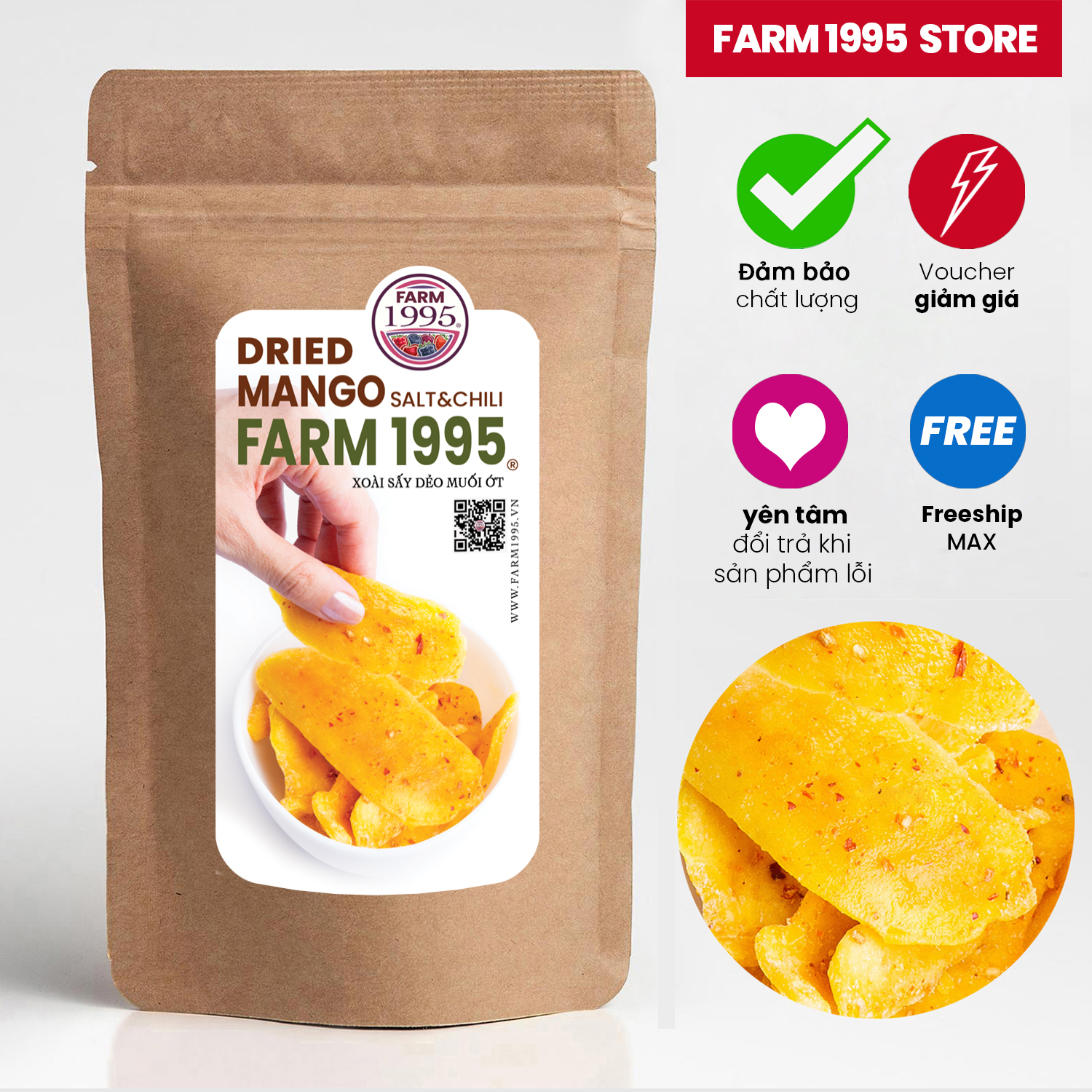 Xoài sấy dẻo muối ớt farm 1995 1kg, hoa quả sấy 1 kg