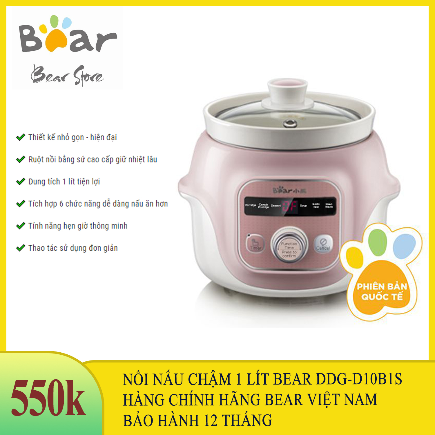 [CHÍNH HÃNG] Nồi nấu chậm BEAR DDG-D10B1S, Nồi nấu cháo cho bé, Nồi ninh hầm đa năng dung tích 1 lít