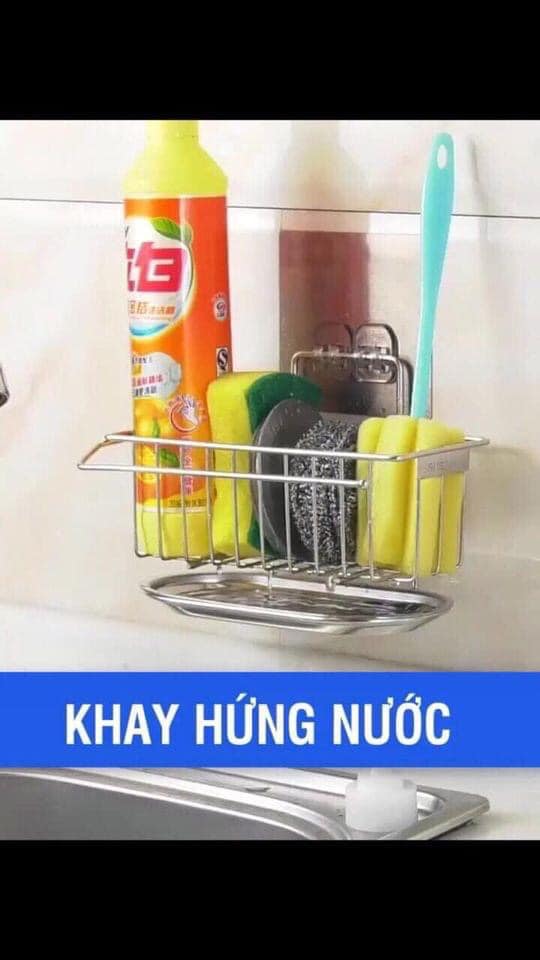 Giá inox đựng dụng cụ rửa bát dán tường, giỏ để rẻ rửa bát, giỏ đựng rẻ rửa bát, giỏ đựng đồ rửa bát có khay hứng nước-GIỏ đựng đồ nhà bếp