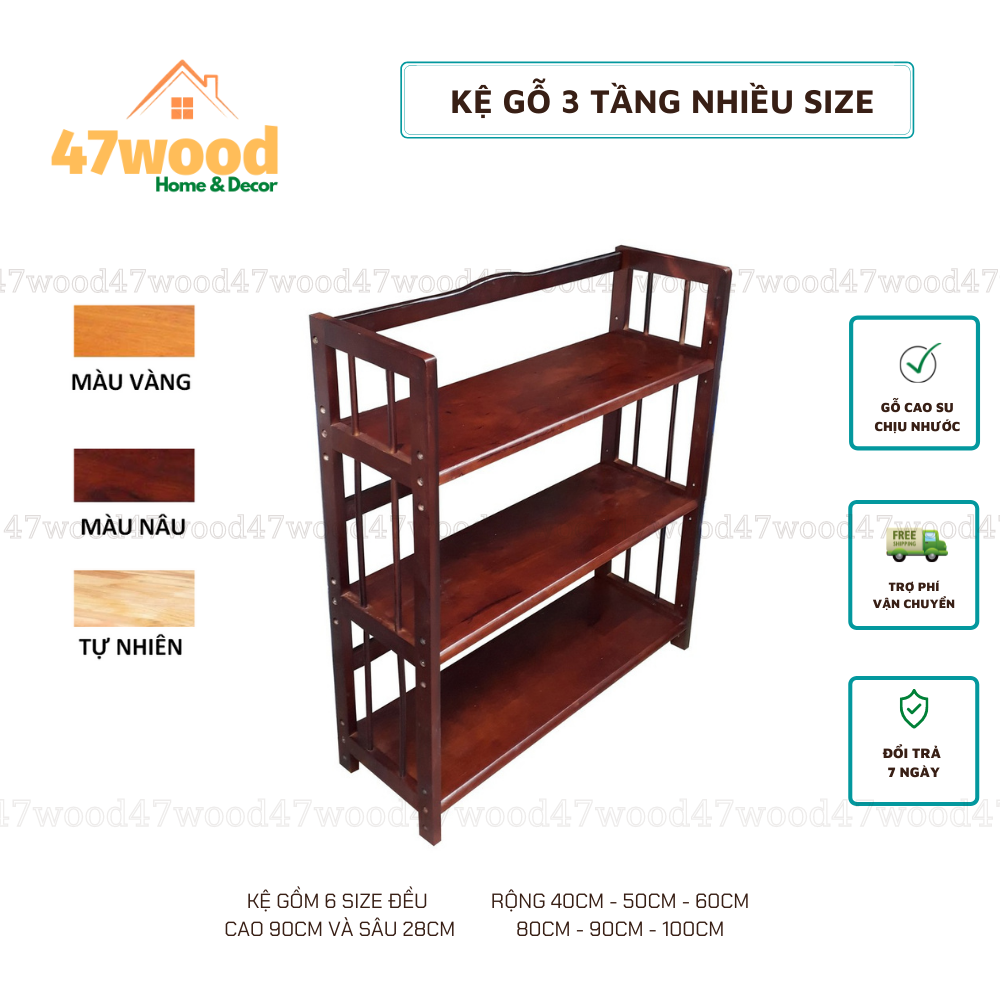 Kệ sách 3 tầng nhiều size gỗ cao su, chống nước - Kệ gỗ đa năng 47wood gỗ cao su lắp ráp tiện dụng