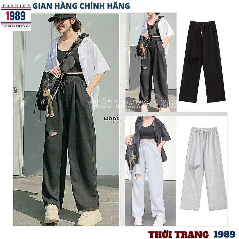 Quần ống rộng cạp cao -quần nỉ unisex nam nữ đều mặc được ,quần ống rộng hàn quốc cạp cao rách 1 bên đùi ,quần jogger ,quần thể thao ,quần nỉ ,quần ống rộng vải ,quần tây ,thời trang 1989