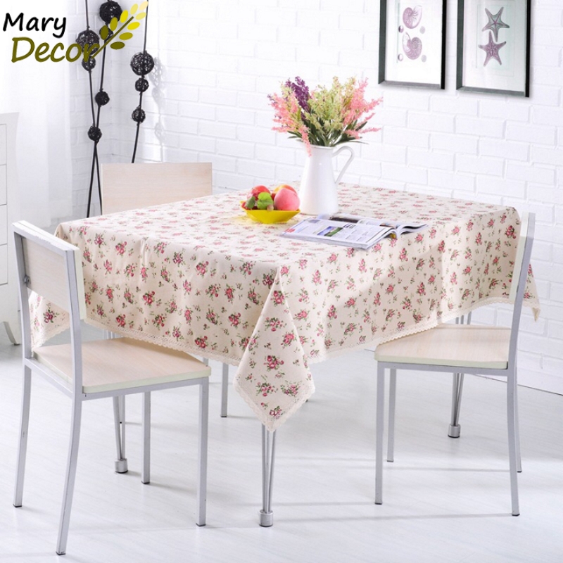 Khăn phủ bàn vải bố linen trang trí nhà cửa cực đẹp, giá tốt - họa tiết hoa hồng tím lá xanh - KB-A09
