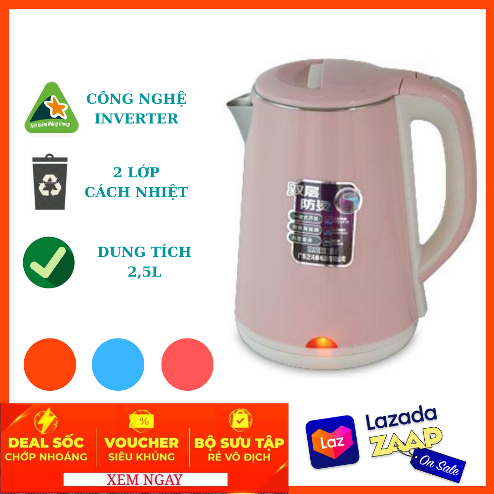 Ấm Siêu Tốc 2 Lớp Cách Nhiệt - Bình Đun Nước JIPLAI Thái Lan  2.5L Thiết Kế Sang Trọng, Cách Nhiệt An Toàn