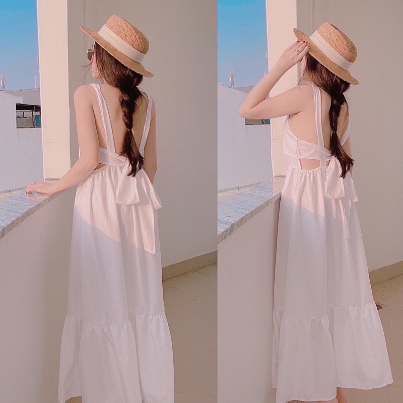 Đầm maxi trắng cột nơ đi biển du lịch dáng xoè sang chảnh