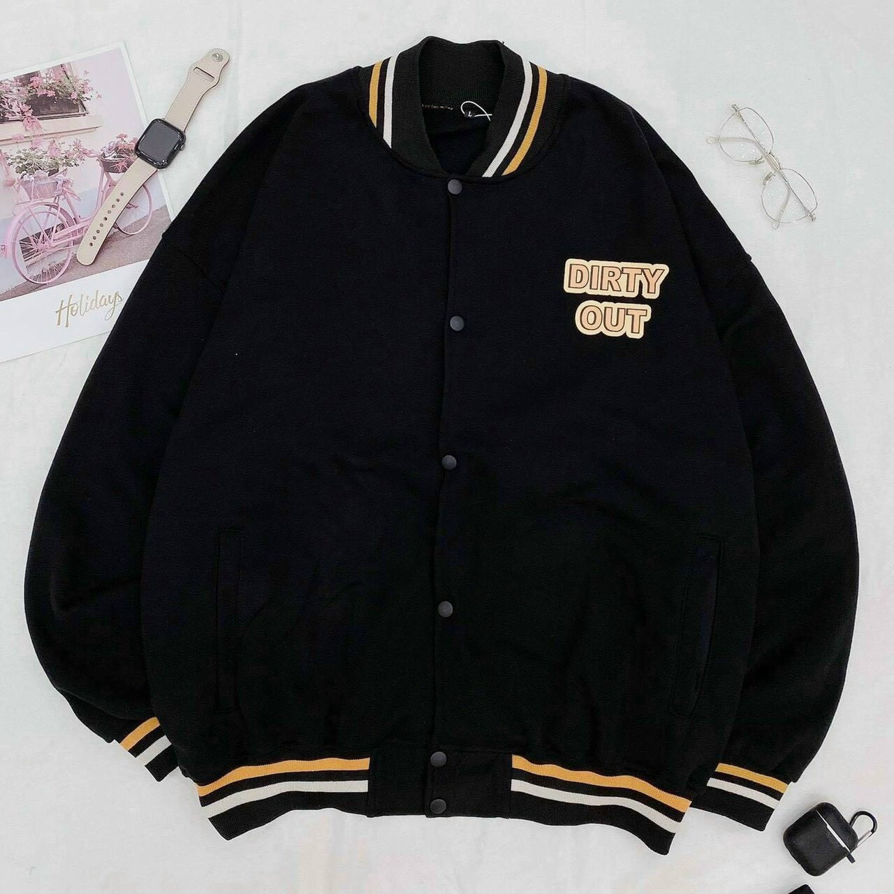 Áo Khoác Bomber Cardigan Nỉ Dirty Out Nút Bấm nam nữ Unisex phong cách cá tính chất liệu nỉ cao cấp.