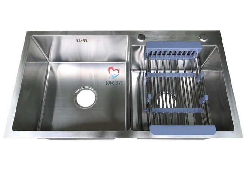 Chậu rửa bát Inox 304 Đúc Nguyên Khối 82 x 45cm 2 hố lệch (tặng kệ để đồ)
