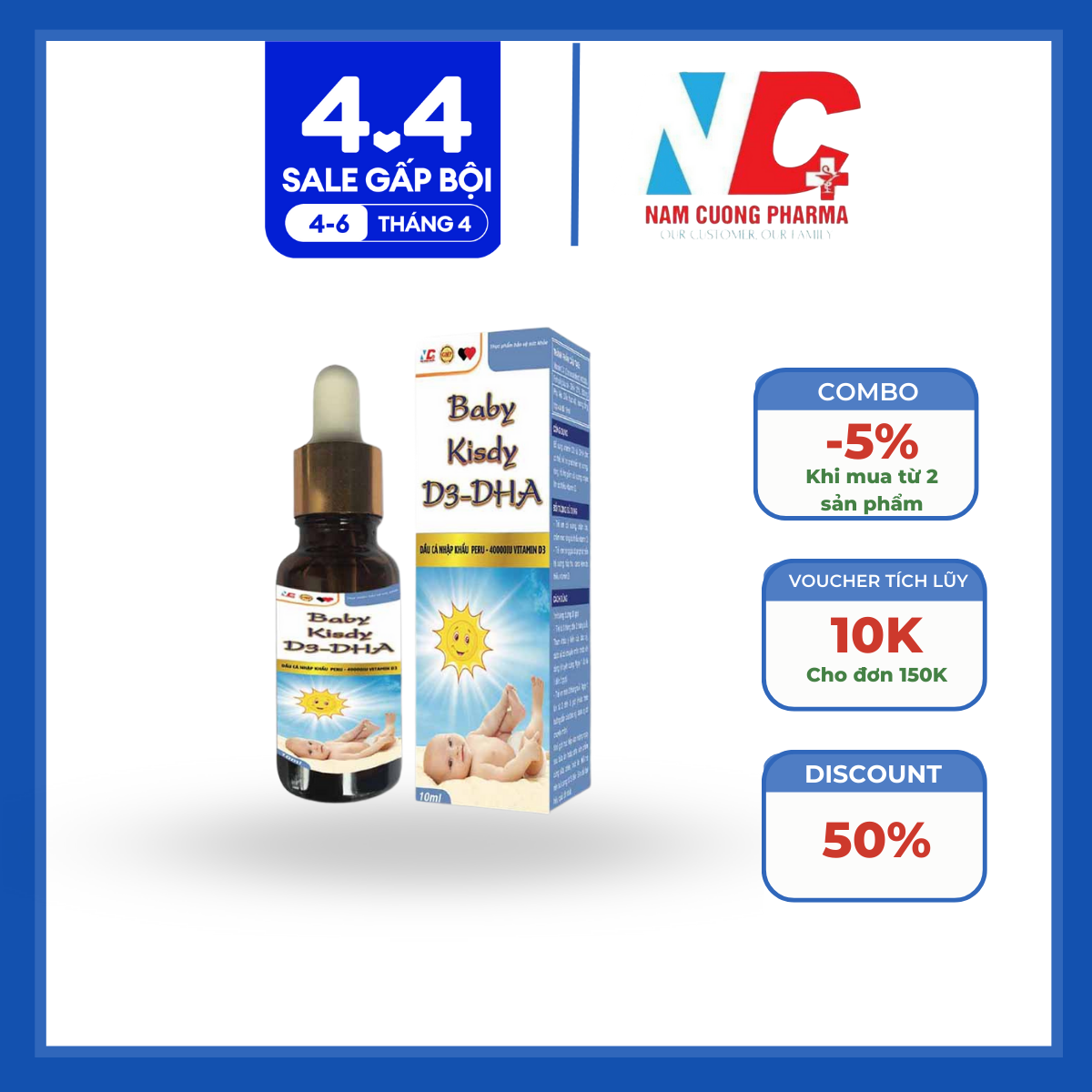 Vitamin baby kisdy d3 - dha giúp hấp thụ canxi tối đa, bổ sung dha hàm cao phát triển trí não trẻ - chai 10ml