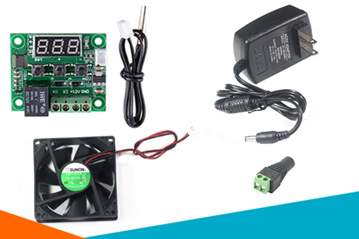 Combo bộ cảm biến nhiệt độ w1209+nguồn 12v-2a+quạt 12v-8x8x2.5cm+jack nối nguồn cái
