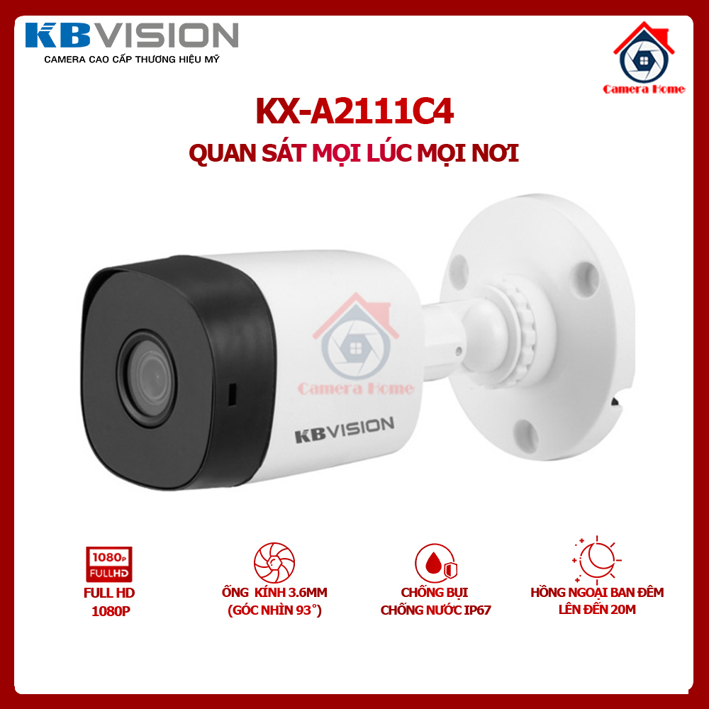 Camera analog 4in1 kbvision kx-a2111c4 2mp - hồng ngoại ban đêm lên đến 20m - chống nước chống bụi ip67 - camera home