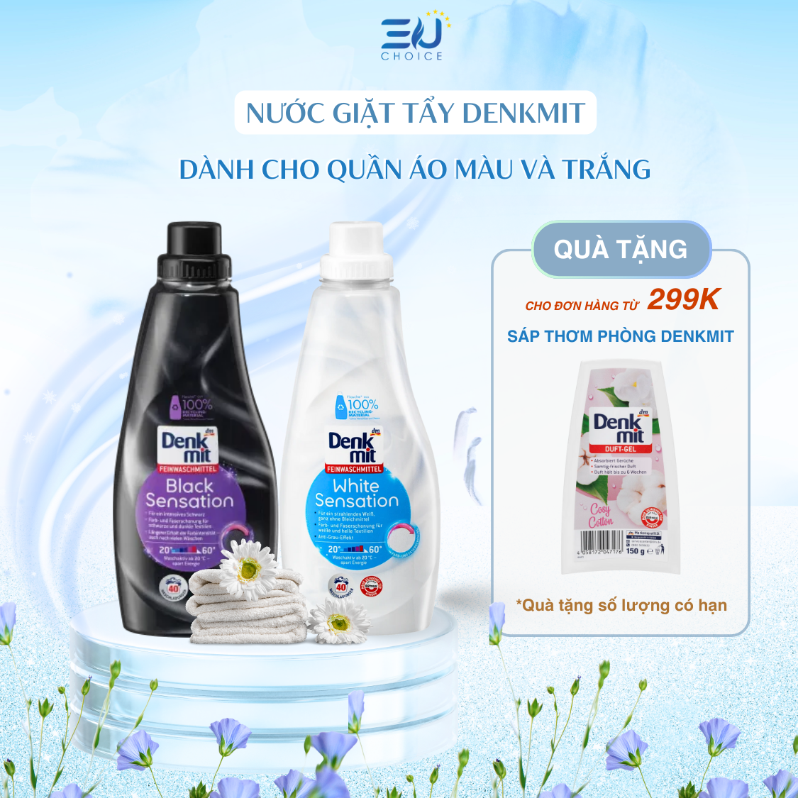 Nước giặt tẩy quần áo trắng, đồ tối màu Denkmit 1 Lít nhập khẩu Đức chính hãng - EU Choice