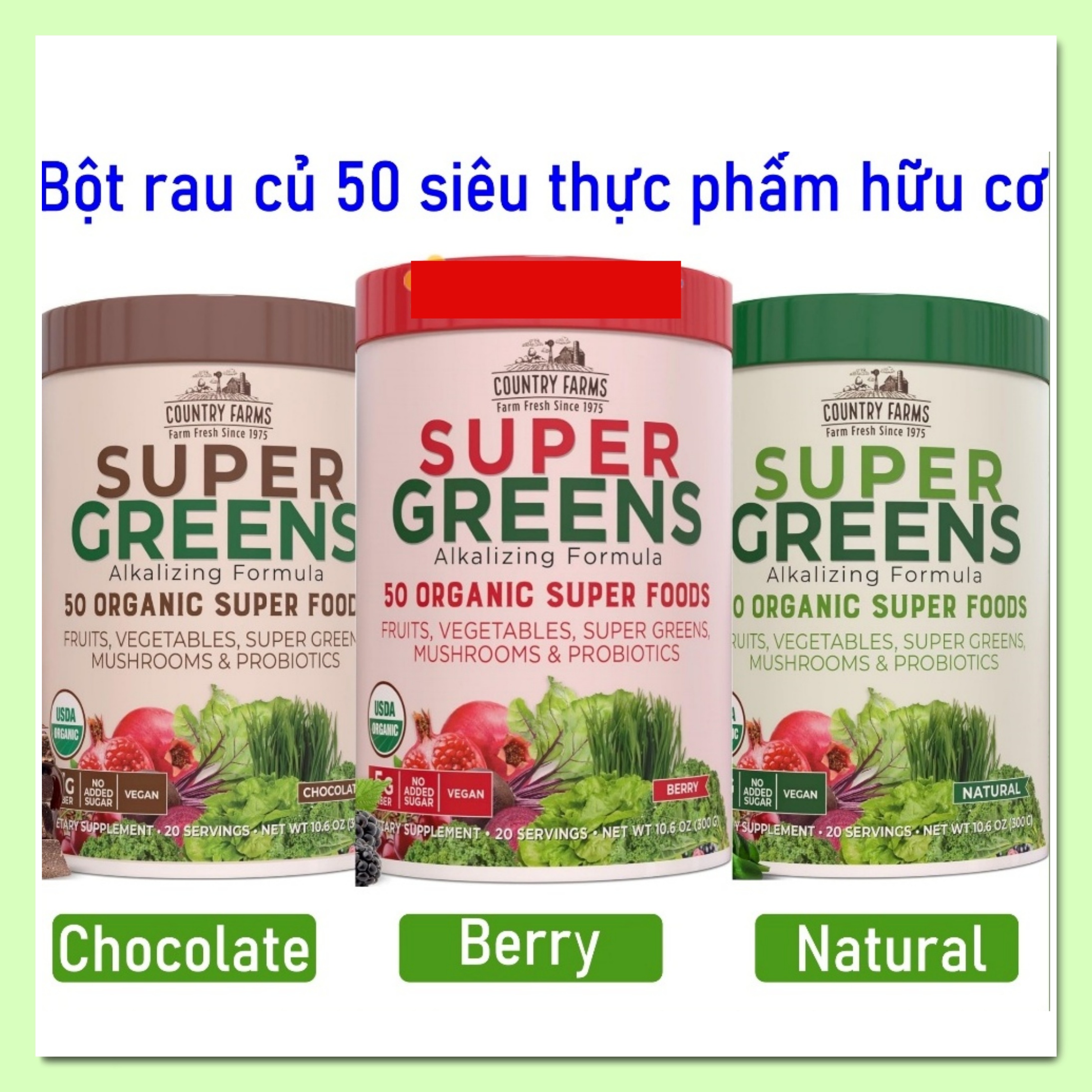 Bột rau củ hữu cơ rau xanh Country Farms Super Greens 50 Organic Super Foods Hàng Mỹ