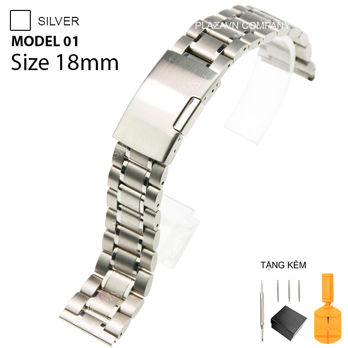 Dây đồng hồ size 18mm thép không gỉ model 01 kiểu khóa bấm chống han gỉ chống bay màu