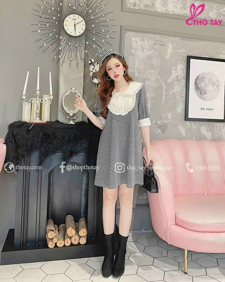 Đầm suông ca ro tay lỡ-QH#damnu