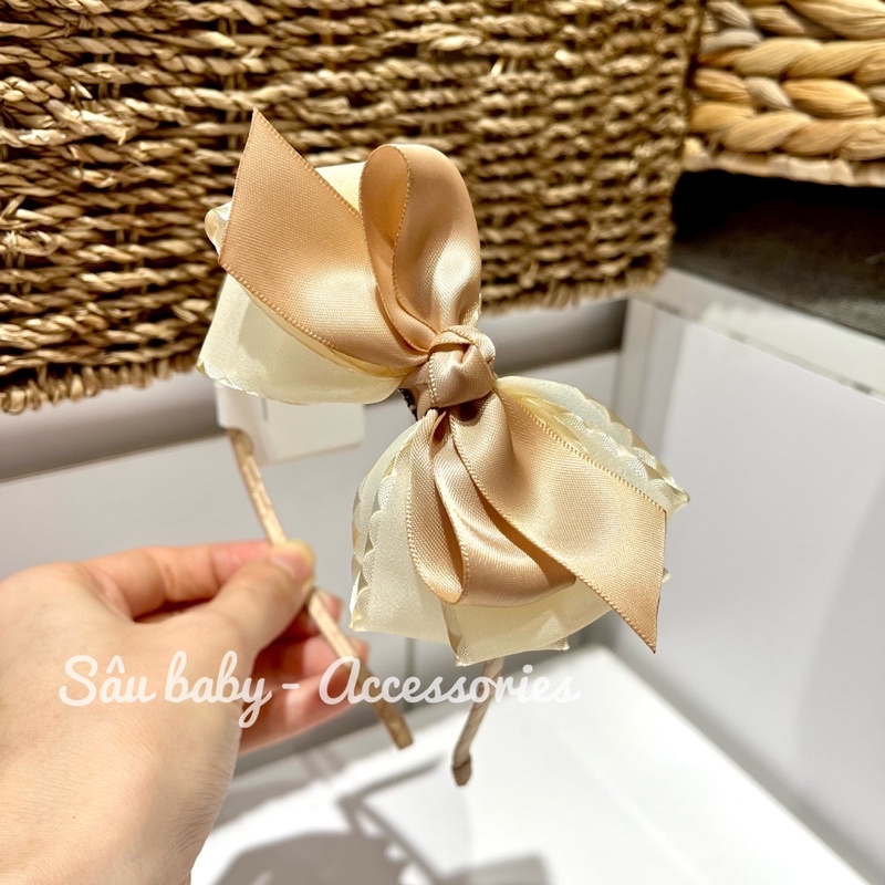 Bờm ren hai nơ  màu hồng nâu handmade cho bé