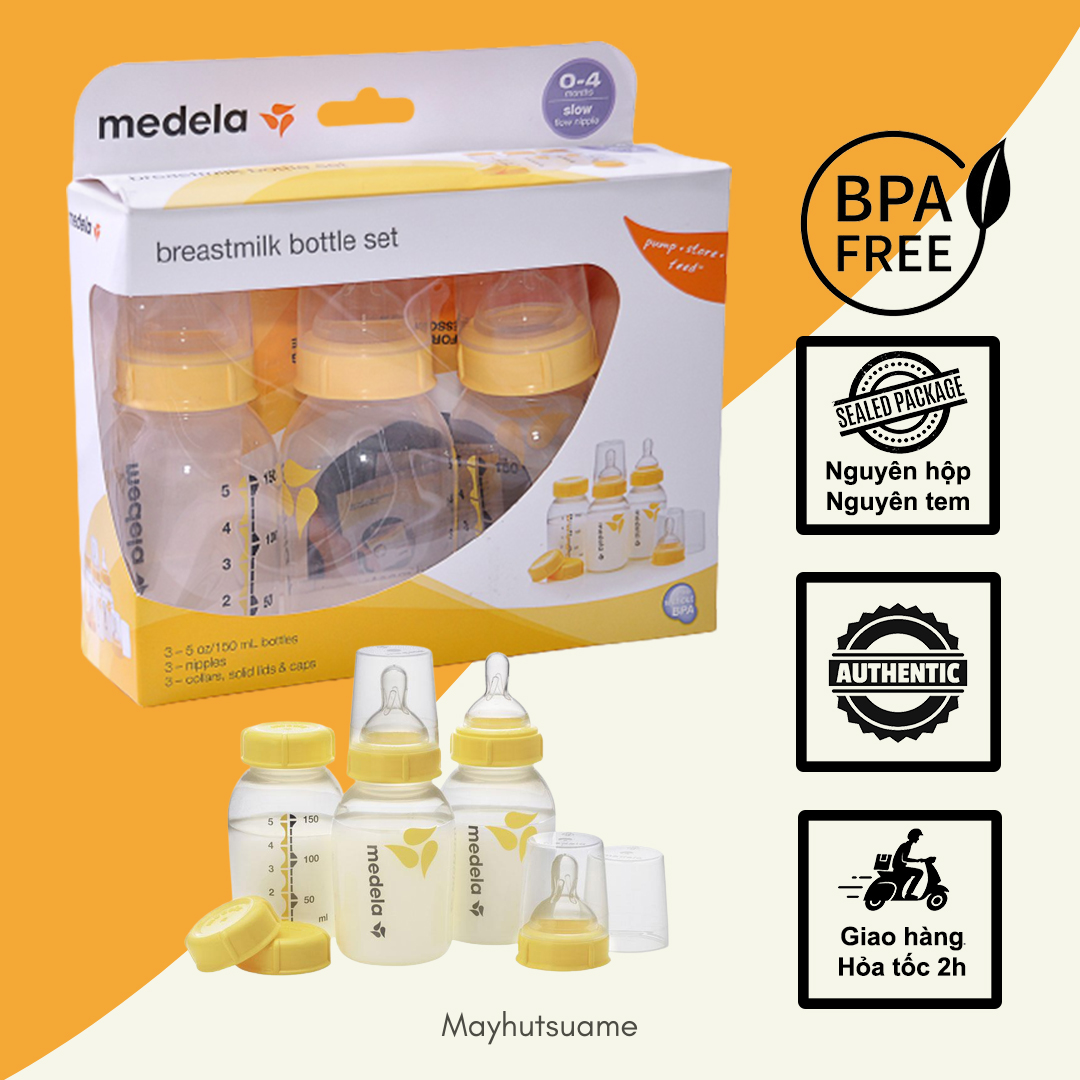 Bộ 3 bình trữ sữa Medela 150ml kèm núm ti và nắp đậy
