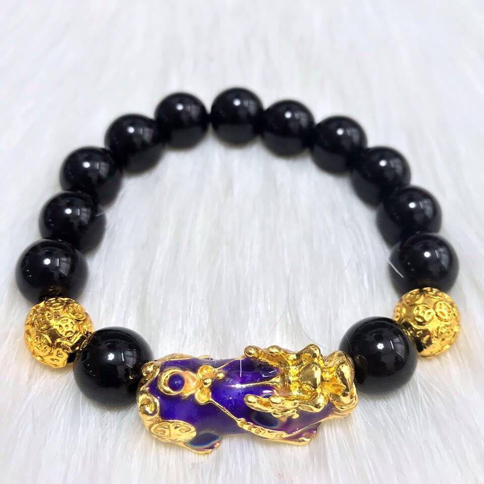 Vòng tay đá thạch anh đen 12ly mix tỳ hưu đổi màu