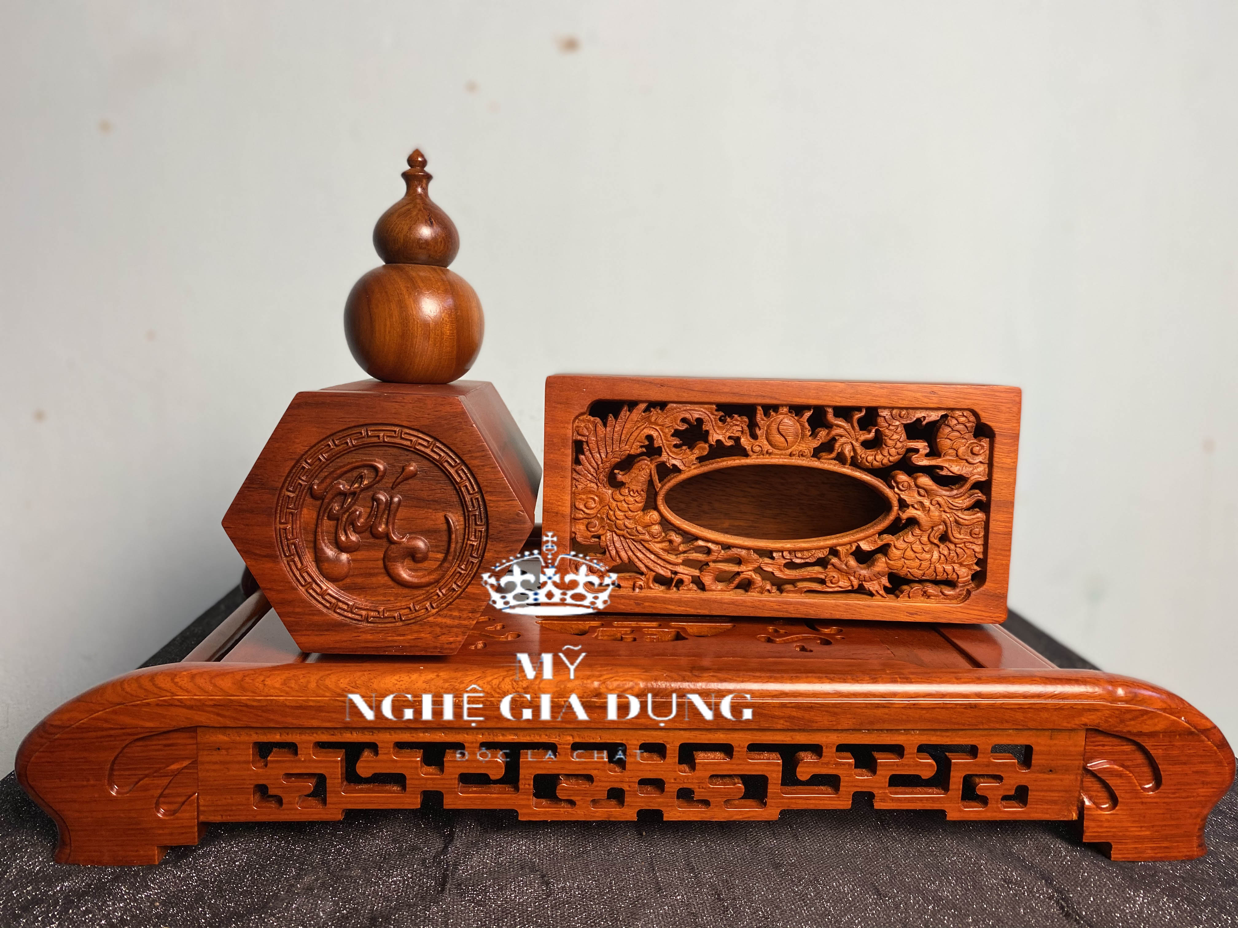 Combo khay trà cuốn ,hộp giấy,hộp đựng chè trang trí phòng khách gỗ hương