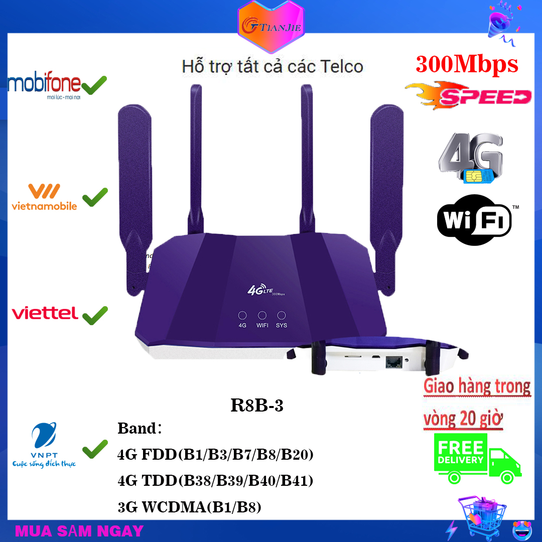 cục phát wifi 4G LTE wifi không dây 300Mbps với cổng LAN 4 Ăng-ten Modem Bộ mở rộng wifi Điểm phát sóng ngoài trời Có khe cắm thẻ sim