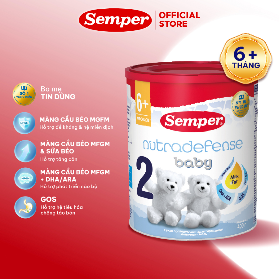 Sữa bột công thức Semper Nutradefense Baby 2 400g dành cho trẻ từ 6 tháng tuổi hỗ trợ hệ miễn dịch và tiêu hóa, bổ sung DHA&ARA, Omega 3, vitamin D giúp trẻ phát triển toàn diện