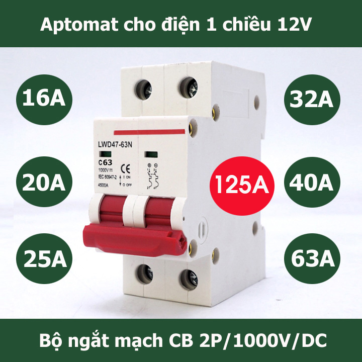 CB 1 chiều DC 1000V chuyên dụng cho hệ thống điện 1 chiều 2P 16A 20A 25A 32A 40A 63A LW bộ ngắt mạch 1 chiều