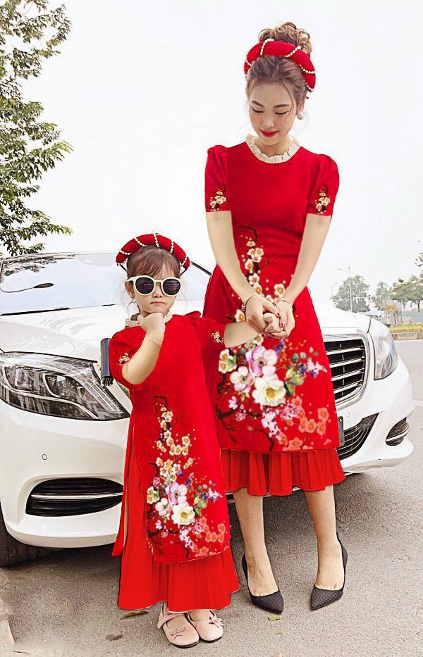 Sét áo dài cách tân in họa tiết cành đào
