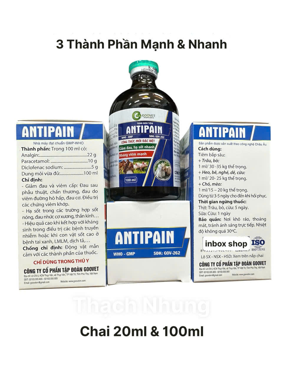 Thuốc hạ sốt ANTIPAIN Hạ nhiệt giảm strest 3 thành phần Anagin+Para+Diclo dùng cho động vật. Chai 20ml và 100ml - Chỉ dùng trong thú y