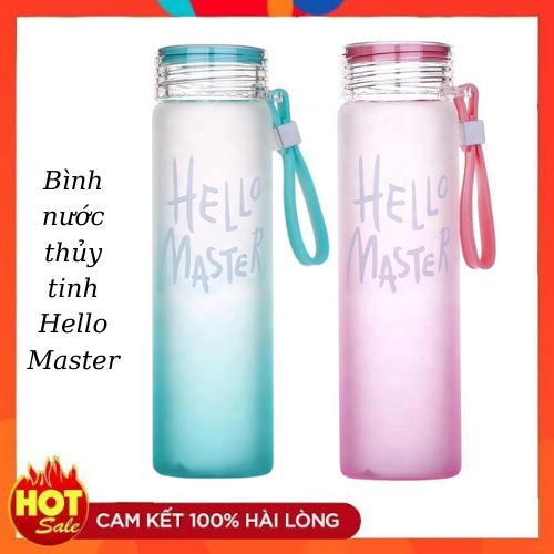 Bình Nước Thủy Tinh In Chữ Hello Master 480ML Có Dây Sách-Bình Thủy Tinh Đựng Nước,Bình Đựng Nước Có Dây Sách
