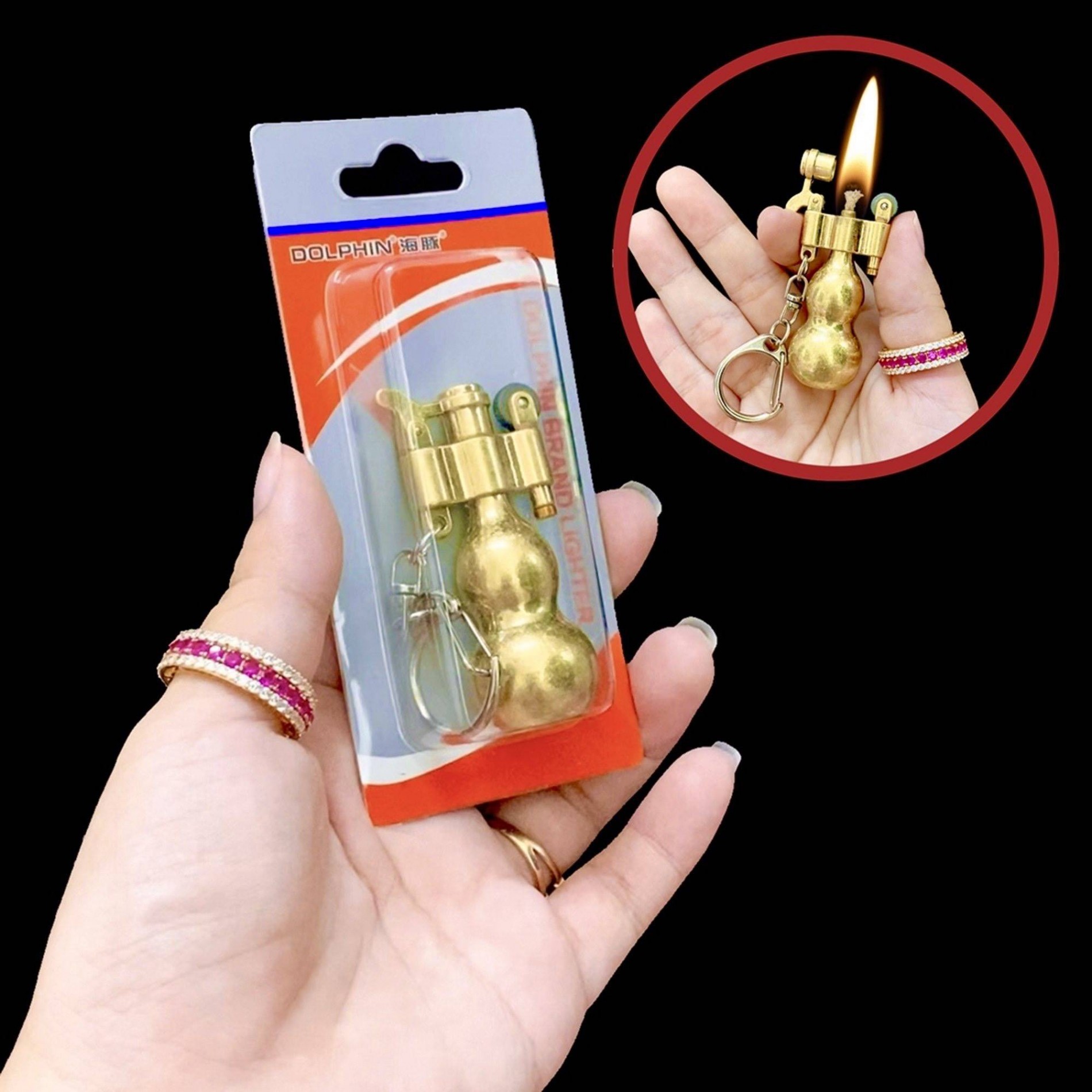BẬT LỬA KÈM MÓC KHÓA DOLPHIN XĂNG ĐÁ CỔ HÌNH HỒ LÔ LỚN D338 KIM LOẠI