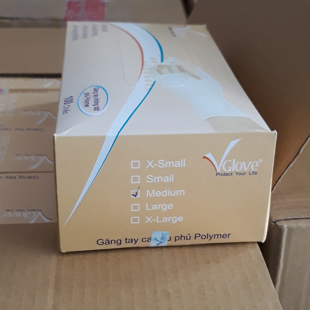 Hộp 100 Chiếc (50 Đôi) Găng Tay Y Tế Phủ Polime Latex Không Bột  Vglove Khải Hoàn Size S,M,L Phủ Polime 2 Mặt, Màu Kem Trắng Dùng Trong Thẩm Mỹ, Chế Biến Thực Phẩm, Nha Khoa