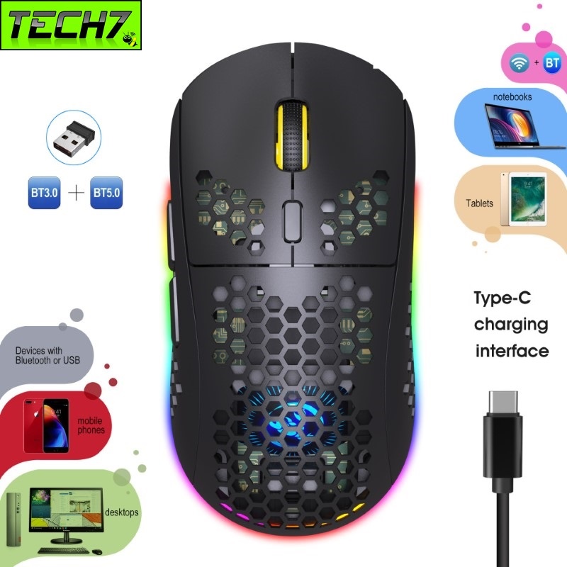 Chuột led không dây t90 đa kết nối blutooth 5.0 + usb 2.4g 3600dpi pin sạc typec