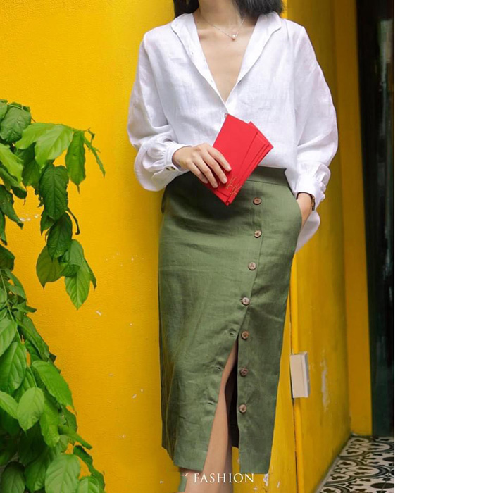 Sét áo sơ mi cổ tầu tay bom Linen tưng Premium kèm chân váy bút chì