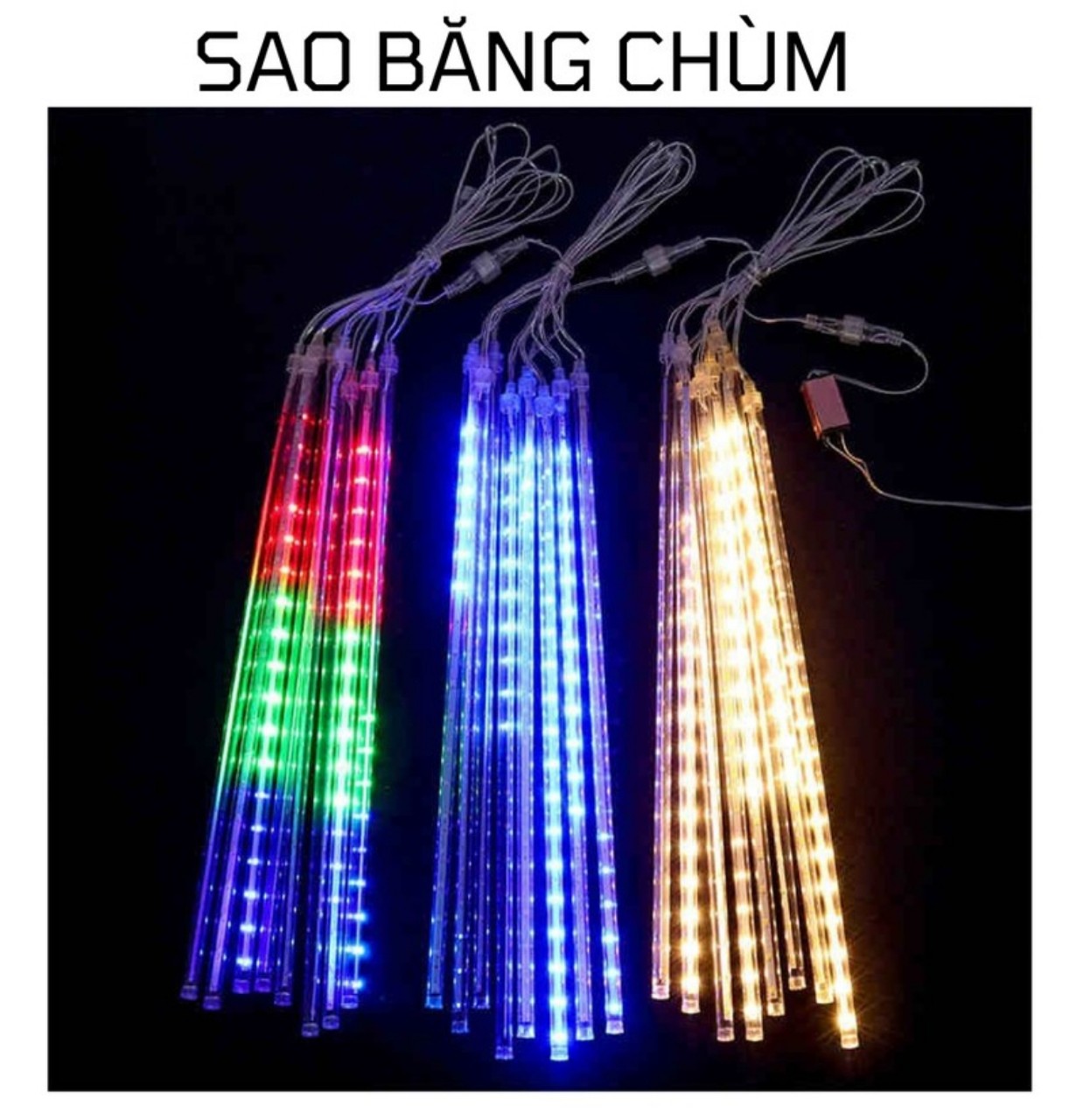 Dây đèn sao băng hiệu ứng giọt nước 50cm chùm 8 cây, đèn chớp nháy đủ màu
