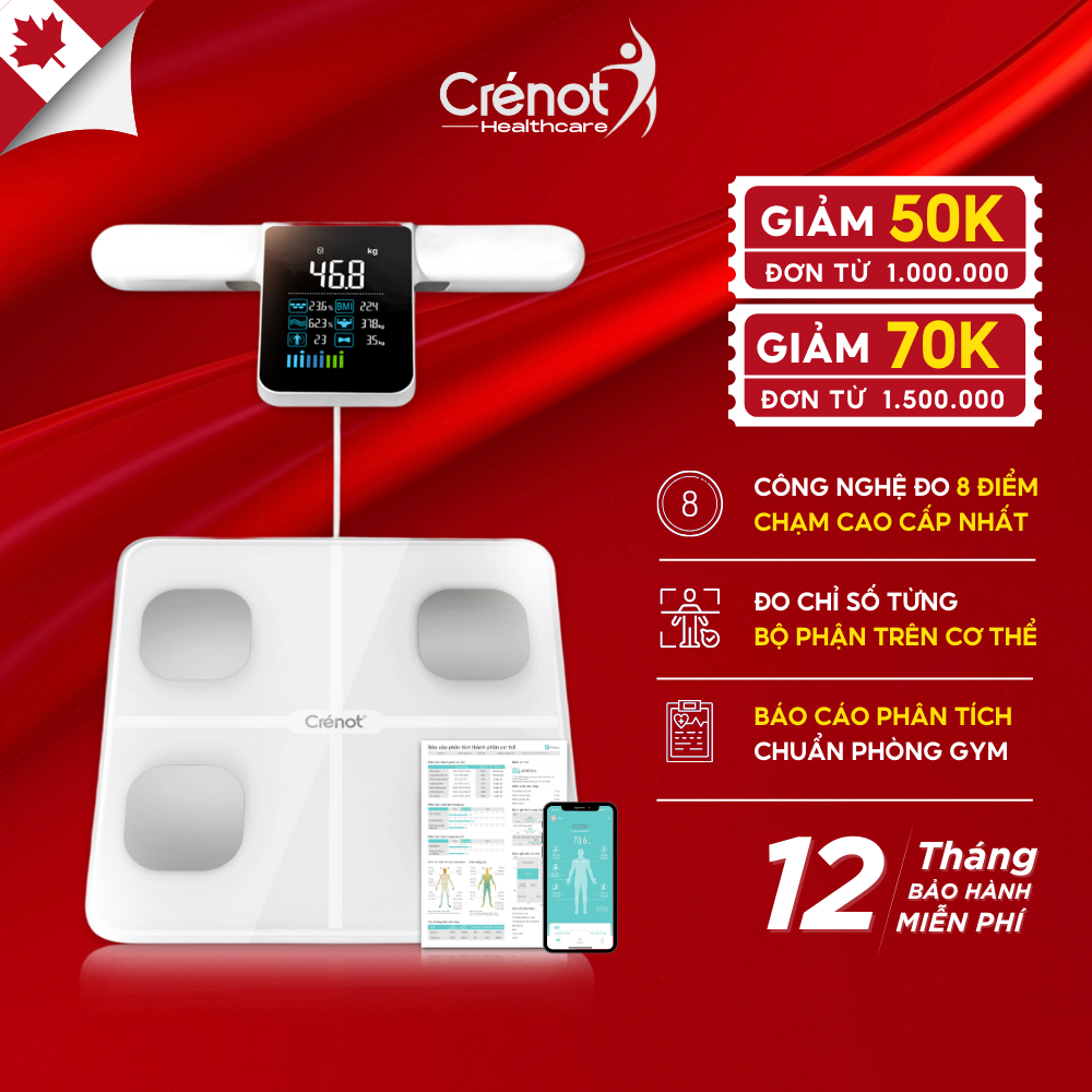 Cân điện tử sức khoẻ cao cấp Crenot inBody i8 đo 31 chỉ số cơ thể inBody mini thông minh học phân tích cân nặng mỡ y tế 8 điểm chạm, cho phép đo toàn bộ cơ thể với độ chính xác cao
