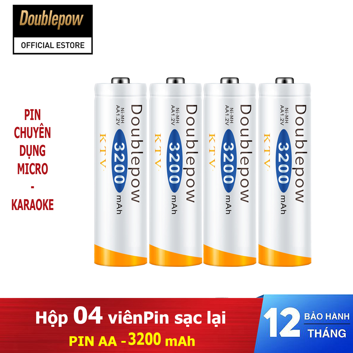 Hộp 4 viên Pin sạc lại Doublepow AA 3200mAh - pin chuyên dụng Micro Karaoke dung lượng thực (màu trắng cam)