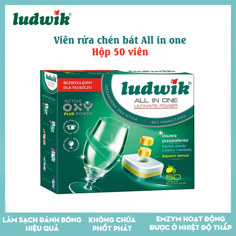 Viên rửa bát Ludwik All in one cho máy rửa bát - 50 viên, hương chanh, xuất xứ Ba Lan