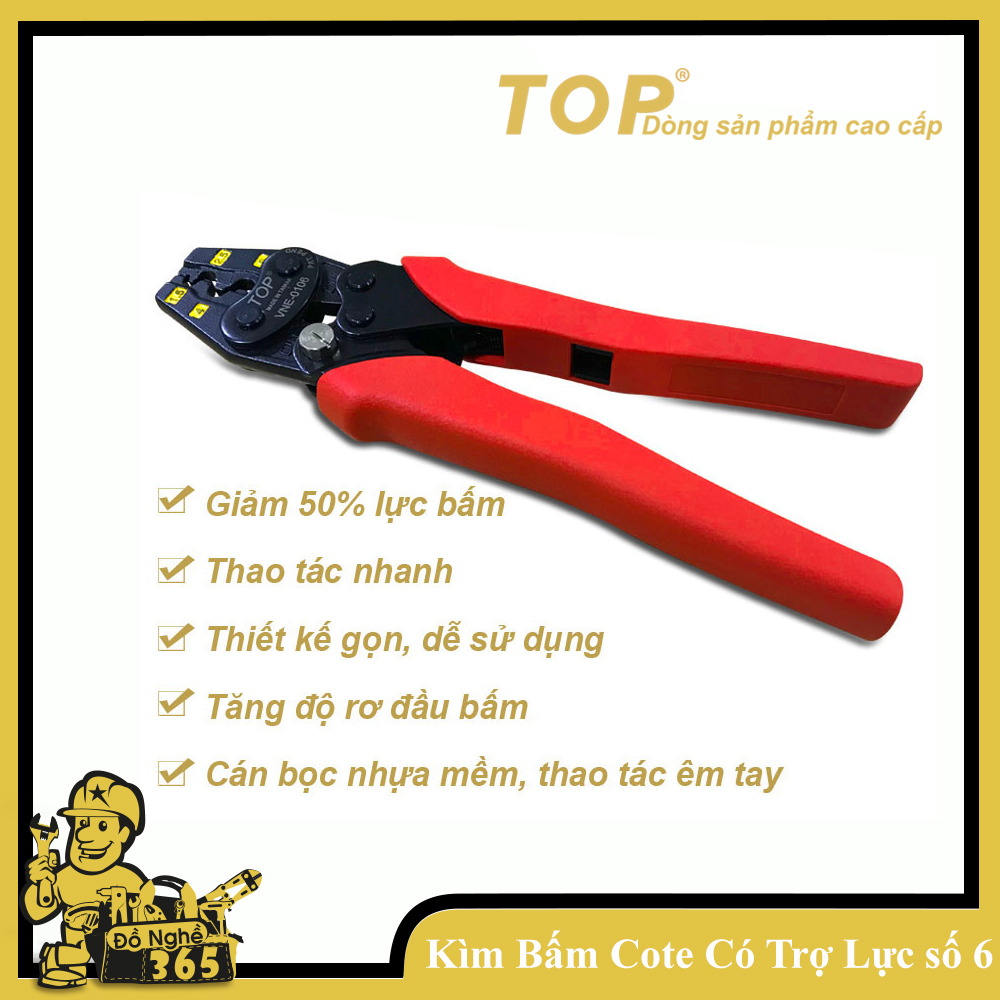 Kìm bấm đầu Cote trợ lực số 6 TOP , kìm chuyên dùng bấm đầu cote các loại, thiết kế trợ lực bấm rất nhẹ tay và sử dụng được bền lâu chuyên phục vụ cho các ngành điện và điện tử ô tô...